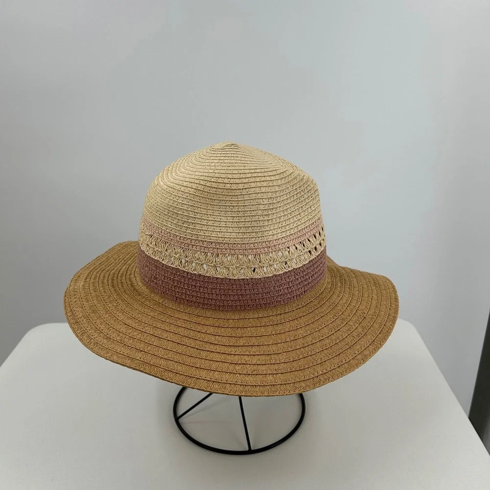 Boho Women Straw Sun Hat Colorblock Pink Tan Woven Wide Brim Floppy Summer Beach
